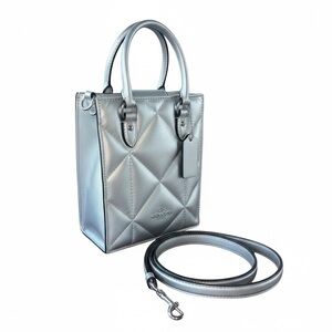 North South Mini Tote In Silver Metallic With Puffy Diamond Quilting